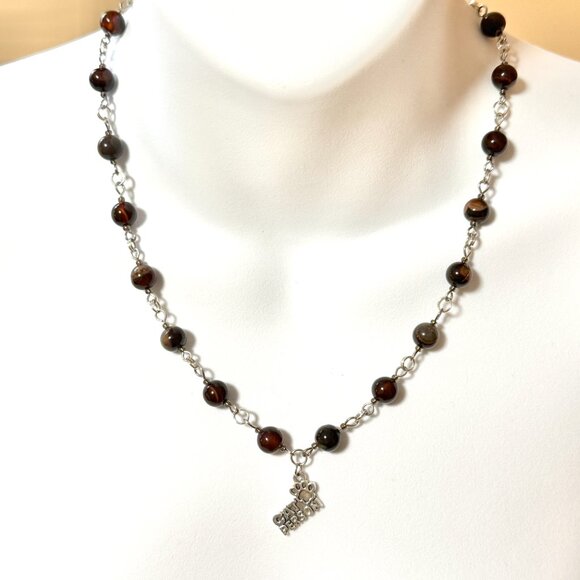 Genuine Dark Brown Agate Necklace, Natural Gemstone & Cute Slim Cat Pendant - Picture 2 of 15